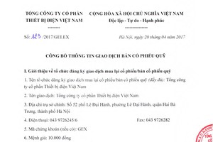 Gelex công bố thông tin bán cổ phiếu quỹ