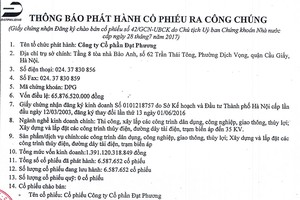 Công ty cổ phần Đạt Phương thông báo phát hành cổ phiếu ra công chúng