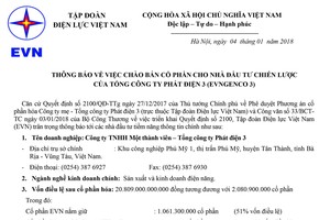 EVN thông báo về việc chào bán cổ phần cho nhà đầu tư chiến lược của Tổng công ty Phát điện 3