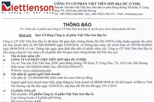Công ty cổ phần Việt Tiên Sơn Địa ốc thông báo niêm yết cổ phiếu tại Sở GDCK Hà Nội