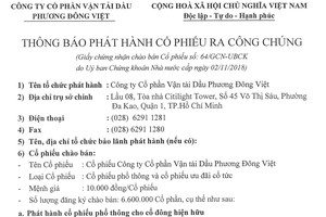 CTCP Vận tải dầu Phương Đông Việt thông báo phát hành cổ phiếu ra công chúng
