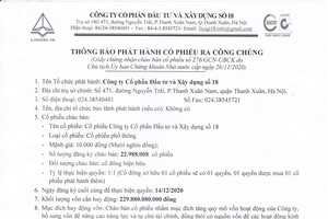 Công ty cổ phần Đầu tư và Xây dựng số 18 thông báo phát hành cổ phiếu ra công chúng