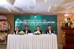 Đoàn chủ tọa điều hành tại Đại hội gồm Ông Nguyễn Văn Huấn - Chủ tịch HĐQT (thứ ba từ trái sang), Ông Lê Hữu Việt Đức – Phó Chủ tịch HĐQT (thứ hai từ trái sang), Ông Phan Văn Chính - Phó Chủ tịch HĐQT (đầu tiên bên trái), Ông Lê Bảo Anh - Tổng Giám đốc (thứ tư từ trái sang)