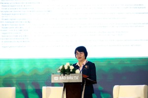 Bà Nguyễn Thị Tuyết Hạnh, Giám đốc Ban Quản lý dự án Quốc tế - Ngân hàng SHB trình bày tại hội thảo do Báo Đầu tư tổ chức ngày 19/11 chủ đề "ESG trong ngành ngân hàng: Thực thi để dẫn đầu". Ảnh Đức Thanh