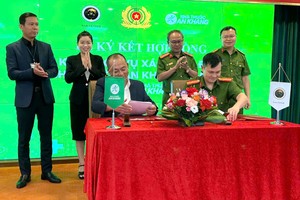 Ông Đoàn Văn Hiểu Em, thành viên HĐQT MWG (trái) và Thiếu tá Phan Đức Hiệp, Phó giám đốc phụ trách RAR ký kết hợp tác với sự chứng kiến của lãnh đạo Cục Cảnh sát Quản lý hành chính về trật tự xã hội, Trung tâm RAR và lãnh đạo MWG