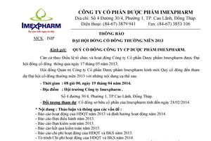 IMP thông báo tổ chức ĐHCĐ thường niên 2014