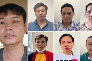 Các bị can (từ trái qua phải): Nguyễn Xuân Hanh; Đỗ Quang Tiến; Đỗ Khắc Tú Anh; Nguyễn Thị Ngọc Lâm; Nguyễn Tuấn Nghĩa; Kiều Thị Thúy; Hoàng Đình Văn. 