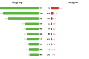 Top các cổ phiếu đón góp tăng - giảm trong VN-Index trong tháng gần nhất (tính đến 4/8). Nguồn dữ liệu: Vietcap IQ