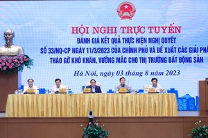 Thủ tướng Phạm Minh Chính đã chủ trì Hội nghị trực tuyến về đánh giá kết quả thực hiện Nghị quyết số 33/NQ-CP và đề xuất các giải pháp tháo gỡ khó khăn cho thị trường bất động sản. Ảnh: VGP