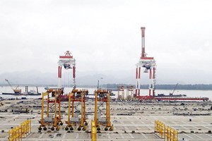 Hai cần cẩu bốc dỡ container tại cảng Lạch Huyện