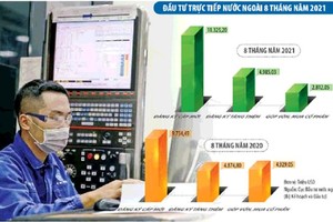 Vốn đầu tư nước ngoài đăng ký vào Việt Nam trong 8 tháng đầu năm dù tiếp tục xu hướng sụt giảm trong một số ngành nhưng tín hiệu đã tích cực hơn, trong đó Nhật Bản, Hàn Quốc và Singapore vẫn là nhà đầu tư hàng đầu. Ảnh: Đức Thanh. Đồ hoạ: Đan Nguyễn