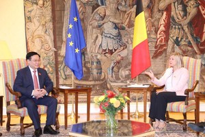 Chủ tịch Quốc hội Vương Đình Huệ hội đàm với Chủ tịch Hạ viện Bỉ Eliane Tillieux (Ảnh - TTXVN)