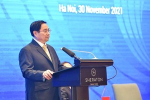 Thủ tướng Phạm Minh Chính phát biểu tại Diễn đàn cấp cao của ASEAN về hợp tác tiểu vùng vì tăng trưởng bao trùm và phát triển bền vững. (Ảnh: Nhật Bắc)