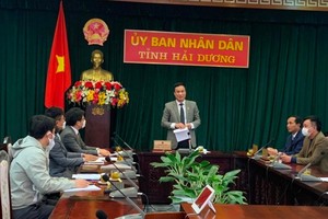 Ông Triệu Thế Hùng, Chủ tịch UBND tỉnh Hải Dương phát biểu tại buổi làm việc. Ảnh: haiduong.gov.vn