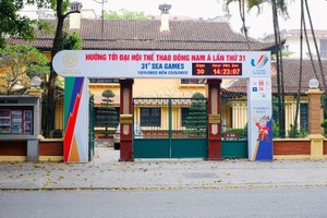 Phía bên ngoài Tổng cục Thể dục Thể thao trang hoàng banner, áp phích và hệ thống đồng hồ đếm ngược tới ngày diễn ra SEA Games 31.
