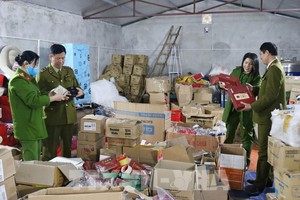 Đoàn kiểm tra liên ngành kiểm tra kho hàng hóa nghi nhập lậu. Ảnh: TTXVN