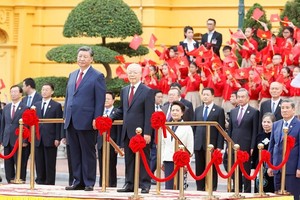 Tổng Bí thư Nguyễn Phú Trọng chủ trì Lễ đón cấp Nhà nước với Tổng Bí thư, Chủ tịch Trung Quốc Tập Cận Bình (Ảnh: TTXVN)