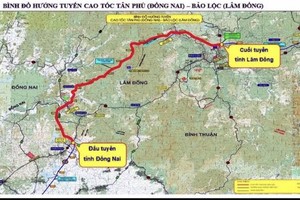 Bản đồ tổng thể hướng tuyến cao tốc Tân Phú - Bảo Lộc.