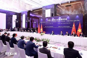 Tọa đàm Doanh nghiệp Việt Nam - Trung Quốc với chủ đề Tăng cường hợp tác cùng có lợi, chung tay kiến tạo tương lai chiều ngày 13/10. Ảnh: TTXVN