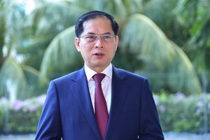 Phó thủ tướng, Bộ trưởng Bộ Ngoại giao Bùi Thanh Sơn trả lời phỏng vấn về chuyến thăm của Tổng Bí thư tới Indonesia và Singapore. Ảnh: Bộ Ngoại giao