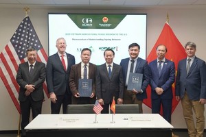 Bộ trưởng Đỗ Đức Duy và Chủ tịch Hội đồng Kinh doanh Hoa Kỳ - ASEAN, Ted Osius, chứng kiến lễ ký biên bản hợp tác giữa doanh nghiệp Việt Nam và Hoa Kỳ. Ảnh: Đoàn công tác.