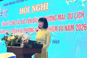 Bà Quảng Xuân Lụa, Giám đốc Trung tâm Xúc tiến Đầu tư, Thương mại và Du lịch tỉnh An Giang phát biểu tại Hội nghị