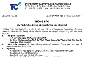 Dệt may Thành Công thông báo họp Đại hội cổ đông thường niên năm 2014