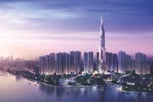 Vinhomes Central Park được nhìn toàn cảnh, hòa quyện cùng với bến nước, rừng cây và thảm thực vật