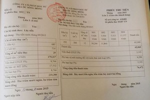 Phiếu thu tiền nước tại Tòa nhà Sông Hồng Parkview ghi tên đơn vị thu là CTCP Đầu tư địa ốc Sông Hồng