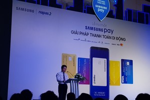 Ông Phạm Tiến Dũng, Vụ trưởng Vụ Thanh toán (Ngân hàng Nhà nước Việt Nam), phát biểu tại lễ ra mắt ứng dụng thanh toán di động Samsung Pay tại Việt Nam