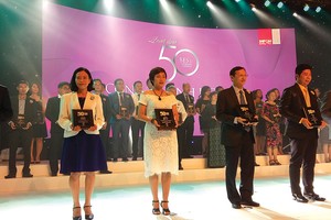 Đại diện Phát Đạt (đứng thứ ba từ trái sang) nhận chứng nhận Top 50 Công ty kinh doanh hiệu quả nhất Việt Nam do Nhịp cầu Đầu tư trao tặng vào ngày 7/6/2018 