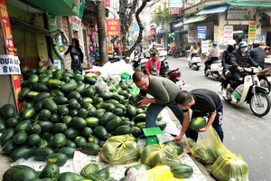 Không thể xuất khẩu, rất nhiều xe container chở các mặt hàng nông sản từ miền Trung ra như dưa hấu, thanh long đã phải quay ngược về Hà Nội để tiêu thụ trong nước (Ảnh: Infonet)