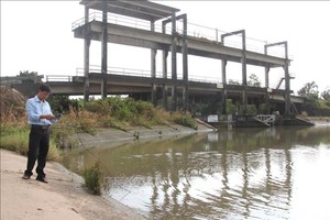 Cán bộ nông nghiệp huyện Vũng Liêm (Vĩnh Long) kiểm tra nồng độ mặn. Ảnh: TTXVN