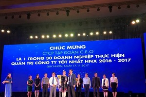 Bà Vũ Thị Lan Anh – Phó Tổng Giám đốc Tập đoàn CEO, đại diện lên nhận hoa và kỷ niệm chương của Ban Tổ chức