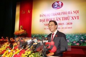Ông Nguyễn Thế Thảo trình bày Báo cáo tại Đại hội đại biểu Đảng bộ thành phố Hà Nội lần thứ XVI. (Ảnh: Trí Dũng/TTXVN)