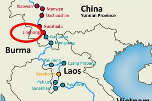 Vị trí của thủy điện Cảnh Hồng (Jinghong). Các chấm tròn là vị trí các đập. Đồ họa: Michael Buckley