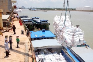 Bốc xếp gạo xuất khẩu tại Cảng Nhà Bè. (Ảnh: Đình Huệ/TTXVN)