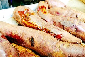 Khoai lang mật nướng đắt khách trong những ngày rét ở Hà Nội. 