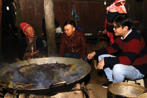 Bên nồi lá thuốc.