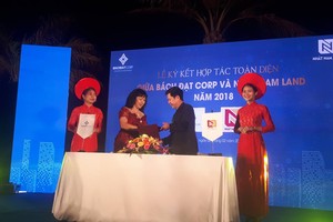 Bà Hoàng Thị Kim Châu- GĐ Bách Đạt Corp và ông Nguyễn Đức Tâm, Phó Tổng thư ký Hội môi giới BĐS Việt Nam - TGĐ Nhất Nam Land ký kết biên bản hợp tác toàn diện.