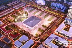 Phối cảnh phương án quảng trường về đêm trước Nhà thi đấu Bà Triệu - Tp Huế.