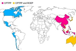 Bản đồ của CPTPP (xanh) và RCEP (đỏ), các quốc gia tham gia cả 2 hiệp định có màu vàng