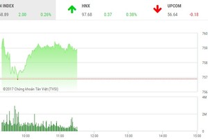 Phiên sáng 14/6: HNG nổi sóng sau tin “hot”, VN-Index tiến tới mốc 760 điểm