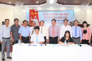 Đại diện Đảng ủy Khối Cơ quan và Doanh nghiệp tỉnh An Giang và Đảng ủy Khối các cơ quan tỉnh Đồng Tháp ký biên bản bàn giao, tiếp nhận tổ chức Đảng và đảng viên Đảng bộ cơ sở Công ty Cổ phần Du lịch Đồng Tháp