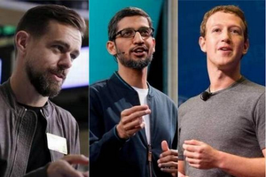 CEO Dorsey của Twitter (bên trái) và Pichai của Google (ở giữa) có thể phải điều trần trước Quốc hội Mỹ sau Zuckerberg (bên phải).