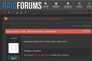 Trang Raidforums rao bán dữ liệu khách hàng của gamecard.vn