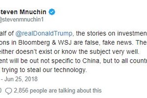 "Tuyên bố sẽ không được cụ thể cho Trung Quốc, nhưng đối với tất cả các nước đang cố gắng ăn cắp công nghệ của chúng tôi", ông Mnuchin viết.