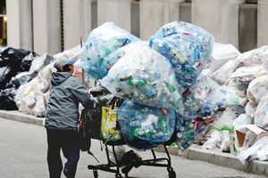 Bà Lisa Fiekowski tiết lộ, bà kiếm được 20 - 30 USD/ngày nhờ thu thập lon, chai nhựa quanh khu phố của mình. (Nguồn: Henny Ray Abrams / AP).