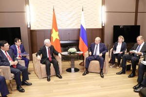 Tổng Bí thư Nguyễn Phú Trọng hội đàm với Tổng thống Liên bang Nga Vladimir Putin. Ảnh: Trí Dũng- TTXVN.