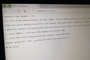 Hình ảnh hacker để lại trên giao diện wesbite của Ngân hàng Hợp tác xã. (Nguồn: Zing).